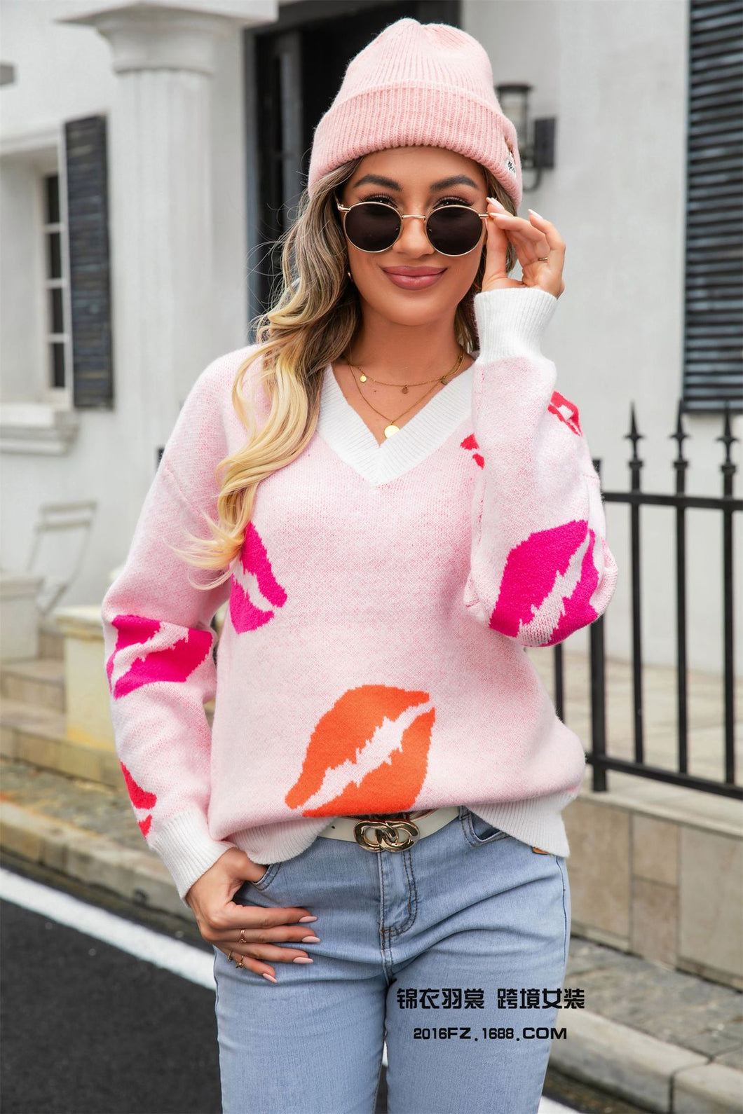 Lip V-Neck Drop Shoulder Sweater