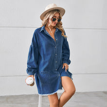 Load image into Gallery viewer, Long Sleeves Button Up Pocketed Raw Hem Denim Dress
