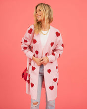 Load image into Gallery viewer, Valentine&#39;s Day Cardigan Heart Pattern Ribbed Trim Open Front Cardigan
