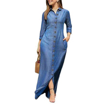 Load image into Gallery viewer, Collar Buttons Down Long Sleeve Maxi Denim Dress
