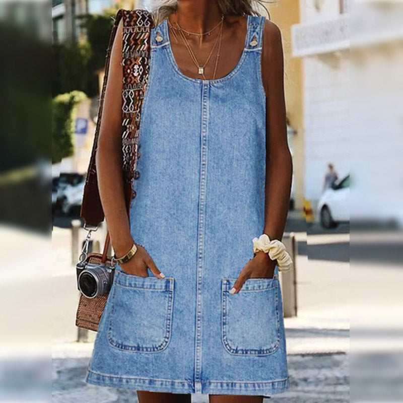 Sleeveless Casual Denim Dress with Pockets