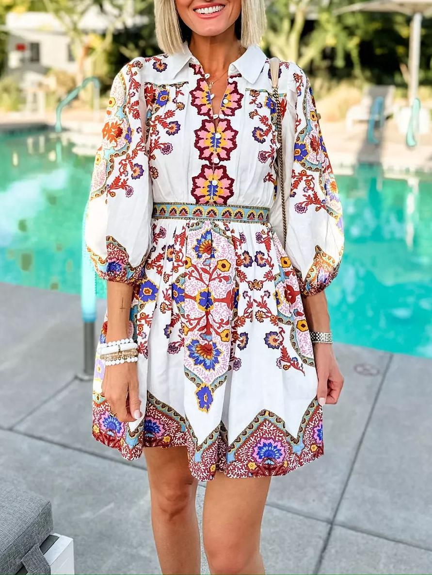 Ethnic Bohemian Long Sleeves Printed Pockets Mini Dress