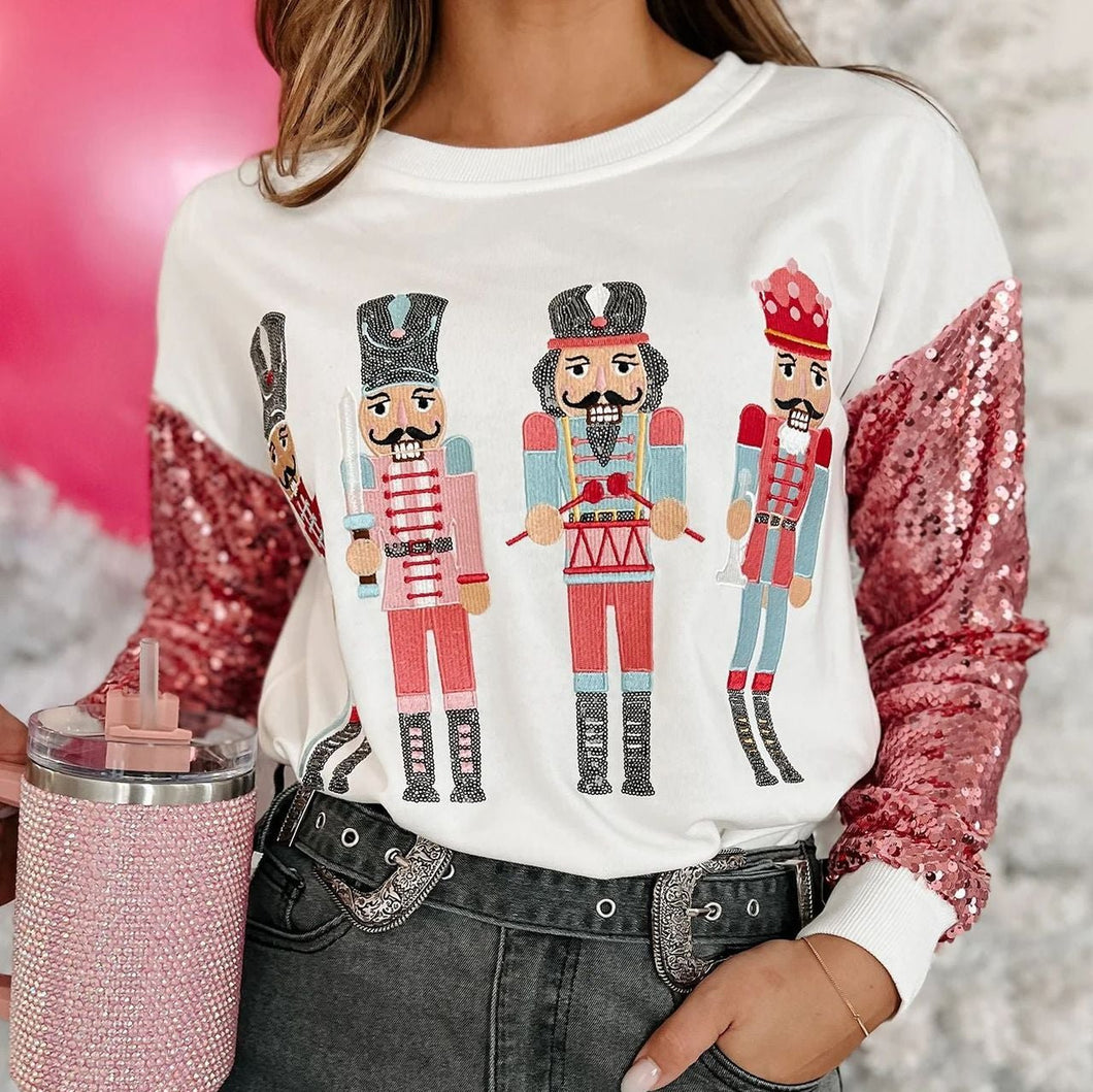 Sequin Nutcracker Round Neck Long Sleeve Sweatshirt