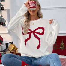 Load image into Gallery viewer, Holiday Bow Round Neck Long Sleeve Sweater
