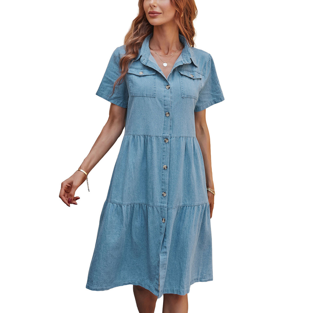 Collar Buttons Down Tiered Midi Denim Dress