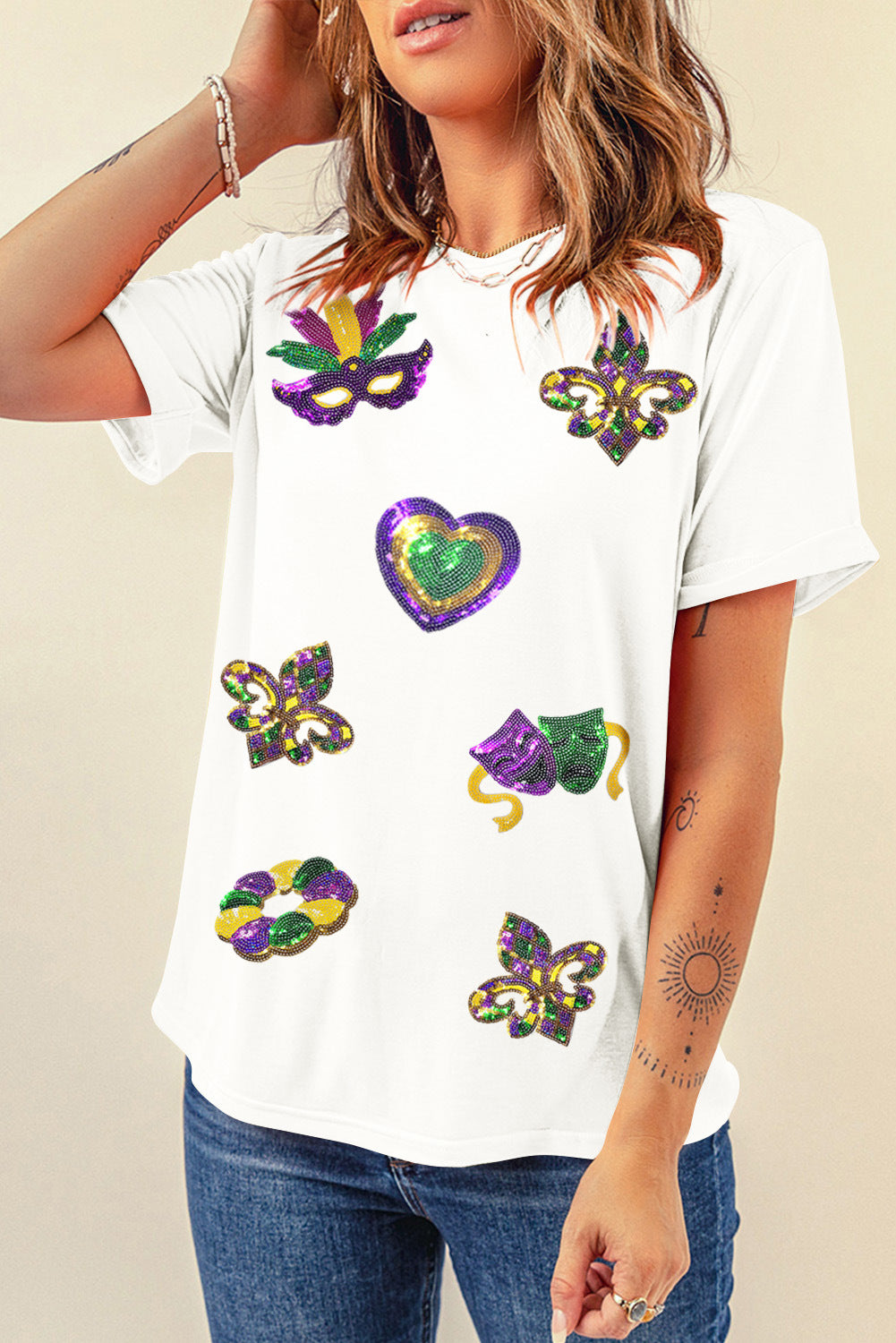 White Sequin Mardi Gras Short Sleeve T-shirt