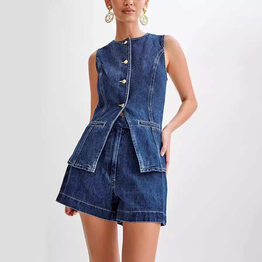 Sleeveless Buttons Down Top and Shorts Denim Two Piece Set