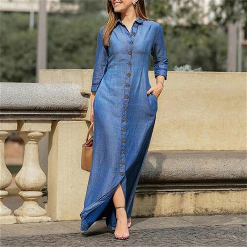 Collar Buttons Down Long Sleeve Maxi Denim Dress