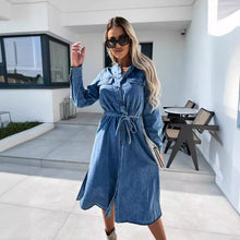 Load image into Gallery viewer, Long-Sleeve Collar Washed Tie Waist Button-Up Denim Slit Midi A-Line Shirt Dress
