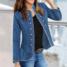 Load image into Gallery viewer, Blue Raw Trim Long Sleeves Single Breasted Button Denim Jacket
