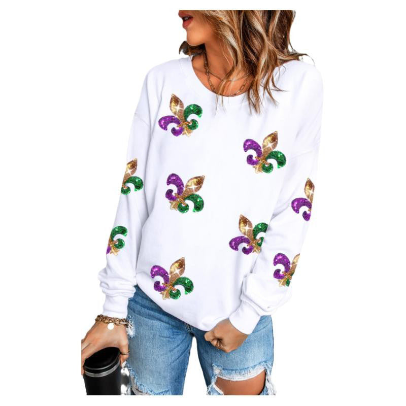 Mardi Gras Fleur de Lis Sequins Pullover Sweater