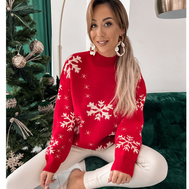 Christmas Sweater Knitted Fluffy Loose Casual  Snowflake Print Long Sleeves Pullover