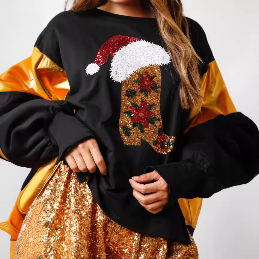 Christmas Sequined  Boots Long-sleeved Casual Sweatshirt