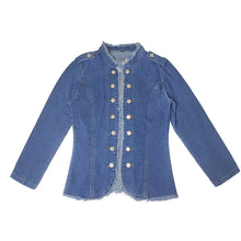 Load image into Gallery viewer, Blue Raw Trim Long Sleeves Single Breasted Button Denim Jacket
