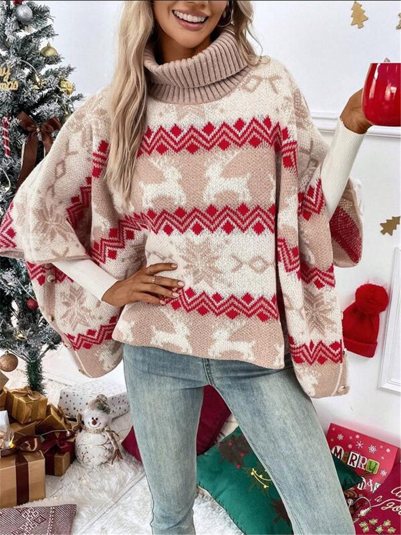 Turtleneck Christmas Elk Contrast Pattern Bat Sleeve Sweater