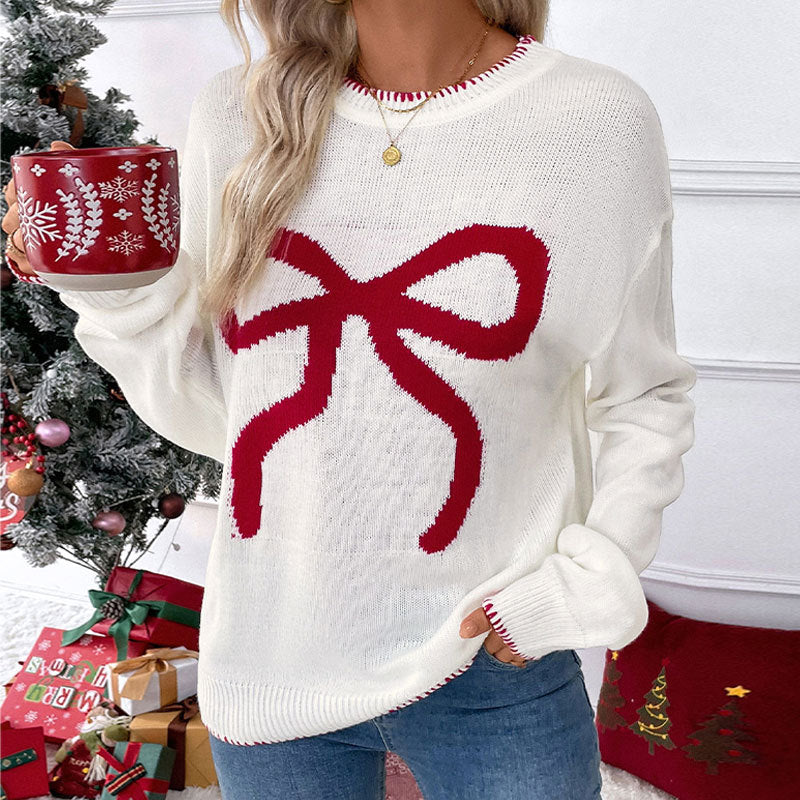 Holiday Bow Round Neck Long Sleeve Sweater