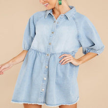 Load image into Gallery viewer, Collar Buttons Down Raw Hem Half Sleeve Mini Denim Dress
