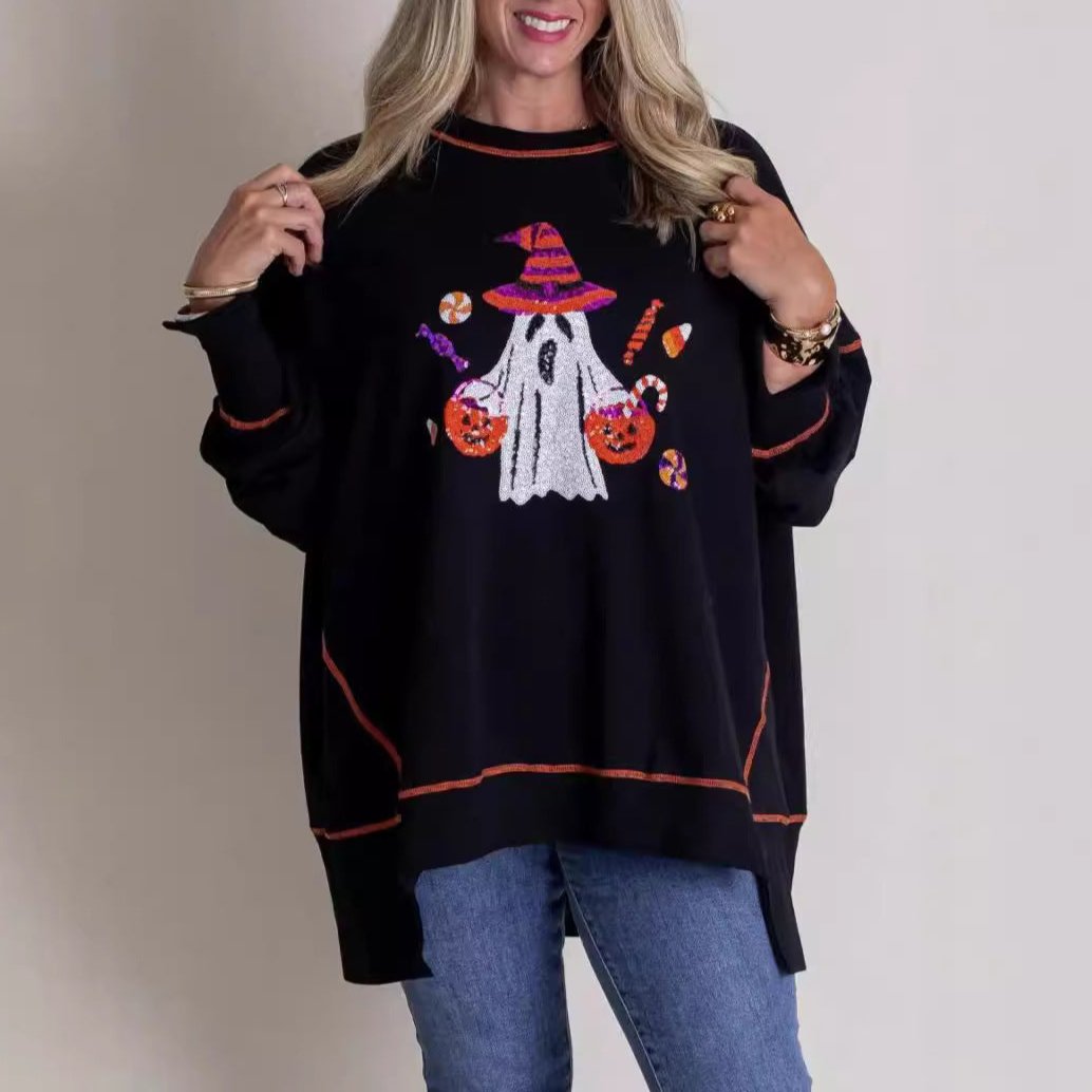 Black Halloween Sequin Ghost Long Sleeve Top