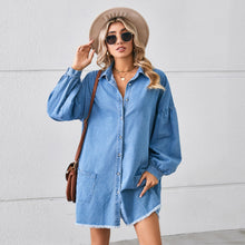 Load image into Gallery viewer, Long Sleeves Button Up Pocketed Raw Hem Denim Dress
