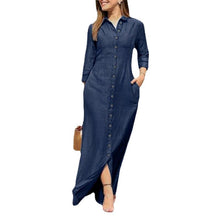 Load image into Gallery viewer, Collar Buttons Down Long Sleeve Maxi Denim Dress
