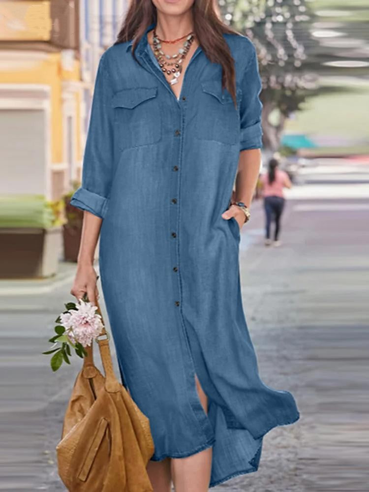 Collar Casual Long Sleeves Buttons Down Denim Midi Dress