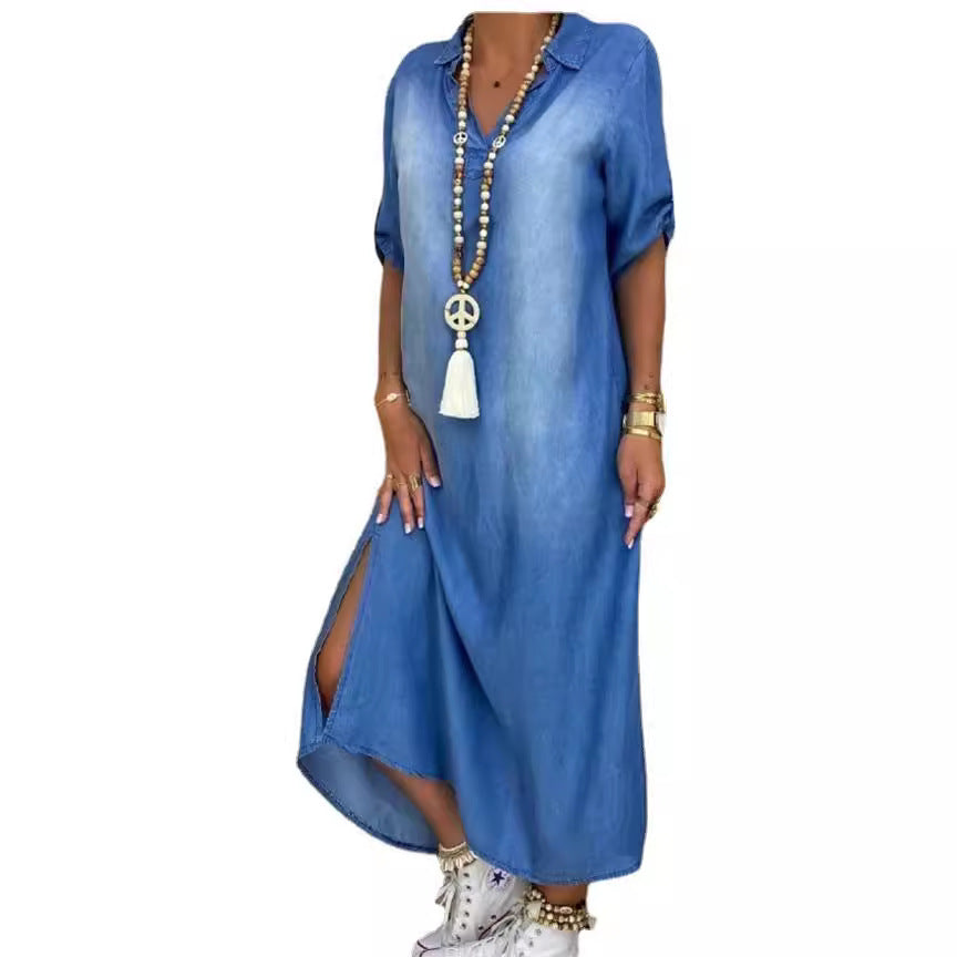 Washe Collar Maxi Denim Dress