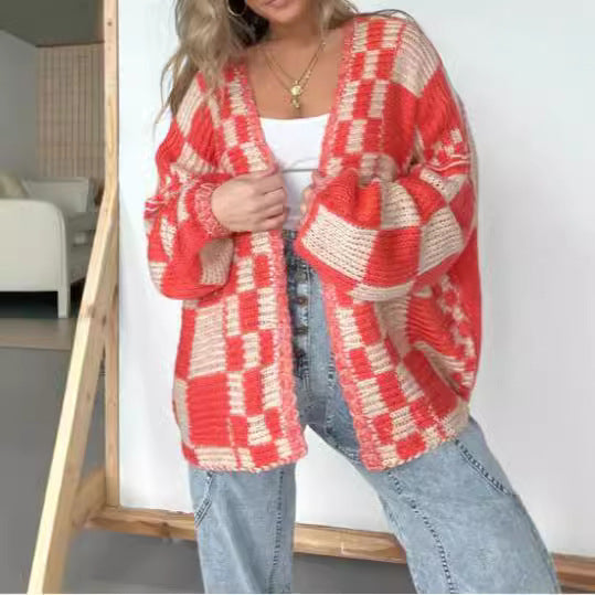 Casual Plaid Loose Knitted Outerwear Cardigan