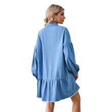 Load image into Gallery viewer, Long Sleeves Button Up Pocketed Raw Hem Denim Dress
