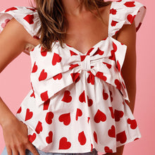 Load image into Gallery viewer, Cute Peplum Top Bow Front Heart Printed Cap Sleeve Ruffle Flare Hem Crop Top
