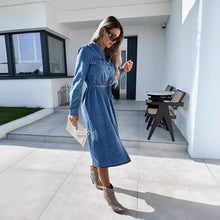 Load image into Gallery viewer, Long-Sleeve Collar Washed Tie Waist Button-Up Denim Slit Midi A-Line Shirt Dress
