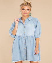 Load image into Gallery viewer, Collar Buttons Down Raw Hem Half Sleeve Mini Denim Dress
