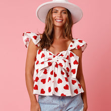 Load image into Gallery viewer, Cute Peplum Top Bow Front Heart Printed Cap Sleeve Ruffle Flare Hem Crop Top
