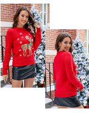 Load image into Gallery viewer, Red Sequined Deer Christmas Pattern Crew Neck Sweater
