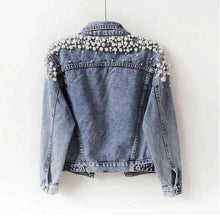 Load image into Gallery viewer, Embroidered Pearls Long Sleeve Short Denim Jacket Coat
