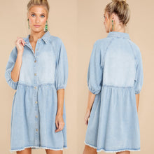 Load image into Gallery viewer, Collar Buttons Down Raw Hem Half Sleeve Mini Denim Dress
