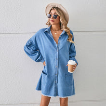 Load image into Gallery viewer, Long Sleeves Button Up Pocketed Raw Hem Denim Dress
