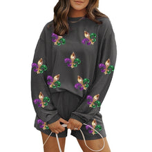 Load image into Gallery viewer, Mardi Gras Fleur De Lis  Corded Long Sleeve Top and Shorts
