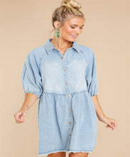 Load image into Gallery viewer, Collar Buttons Down Raw Hem Half Sleeve Mini Denim Dress
