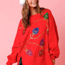 Load image into Gallery viewer, Christmas Lights Sequin Long Sleeve Slit Pullover Sweatshirt
