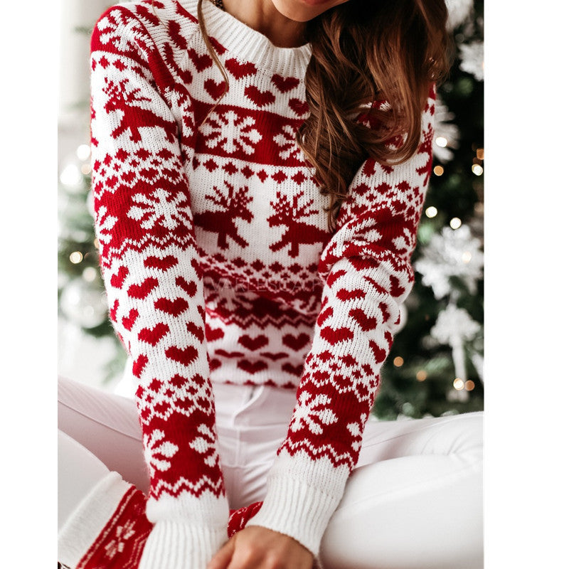 Christmas Elk Snowflake Heart Long Sleeves Knitted Sweater