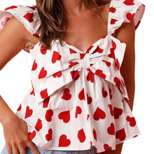 Load image into Gallery viewer, Cute Peplum Top Bow Front Heart Printed Cap Sleeve Ruffle Flare Hem Crop Top
