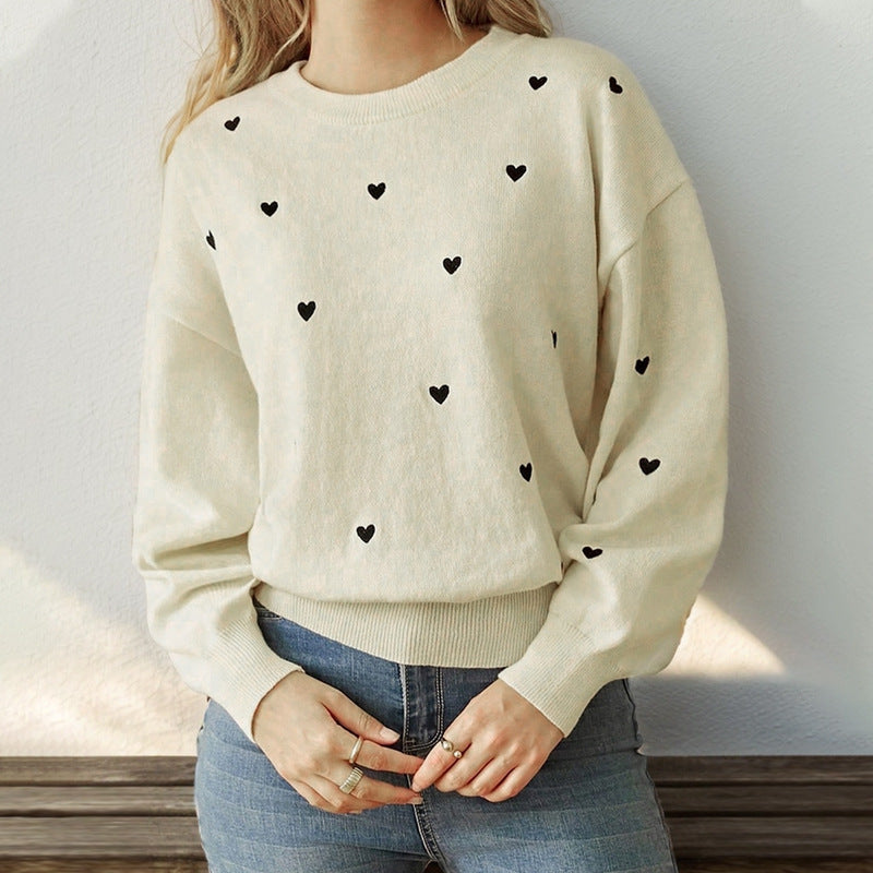 Women's Valentine's Day Heart Print Round Neck Sweater