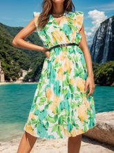 Load image into Gallery viewer, Ruffled Printed Surplice Cap Sleeve Dress
