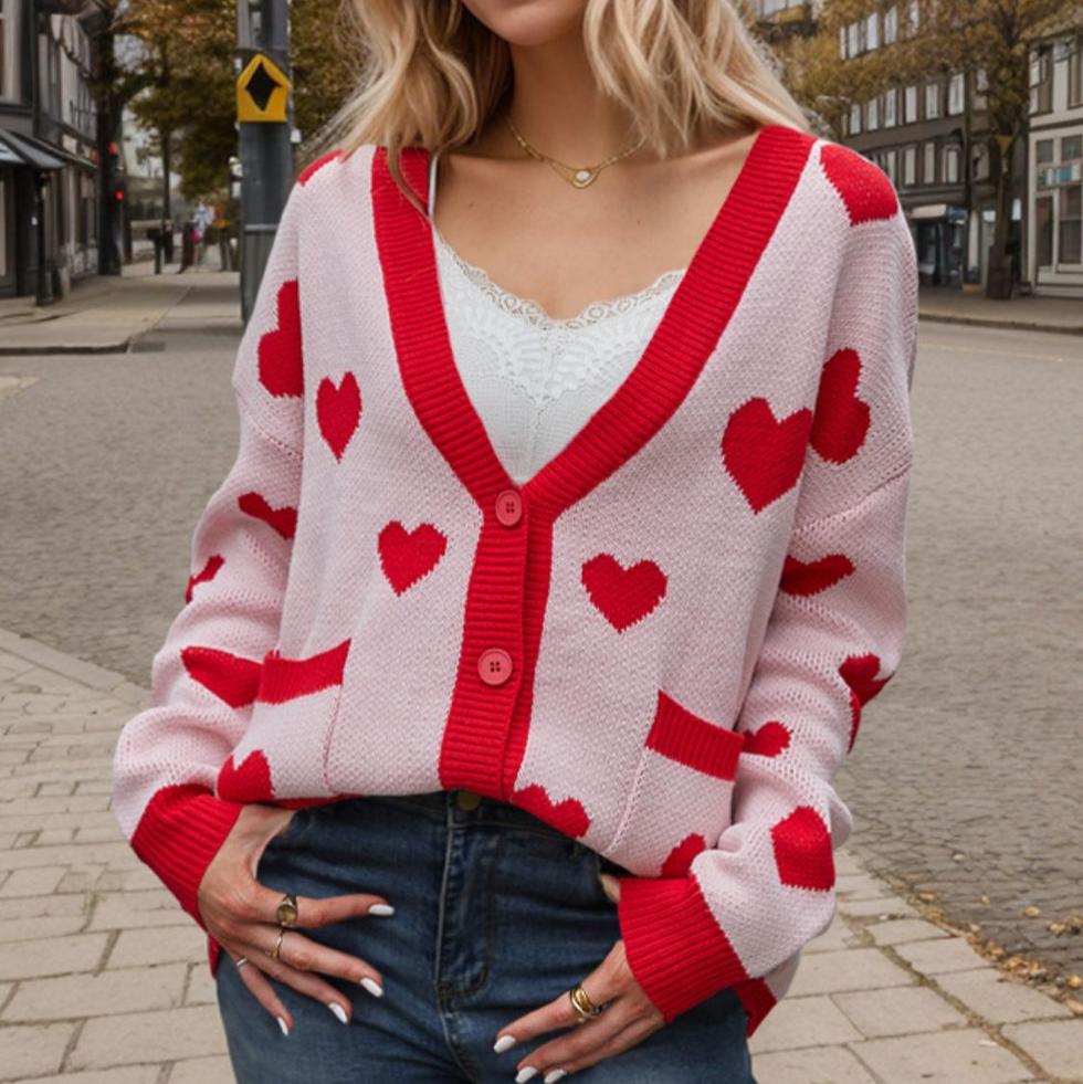 Heart Button Up Dropped Shoulder Long Sleeve Cardigan