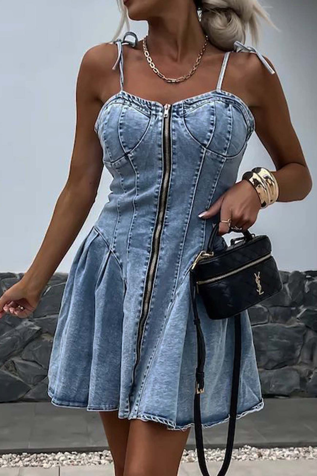 Zipper V Neck Sleeveless Denim Dresses