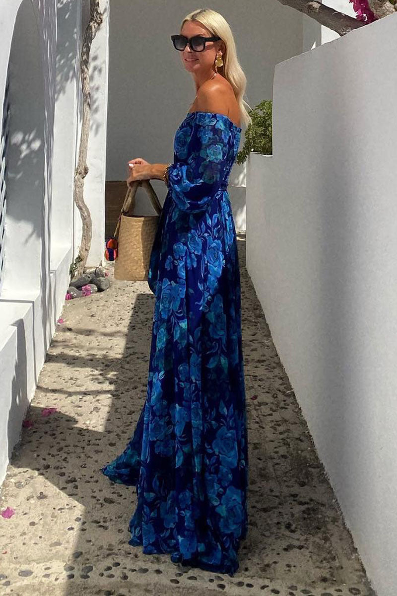 Off Shoulder Bell Sleeve Floral Flowy Vacation Maxi Dresses