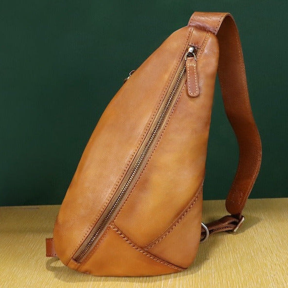 Brown Patchwork Zipper Leather Sling Bag Crossbody Backpack