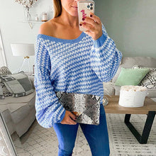 Load image into Gallery viewer, Oversized Stripe V Neck Puff Sleeve Sweater
