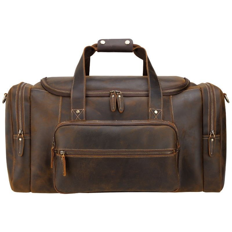Brown Leather Travel Weekender Bag with Front Pocket