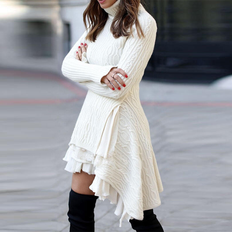 Cable-knit Turtleneck Casual Long Sweater Dress